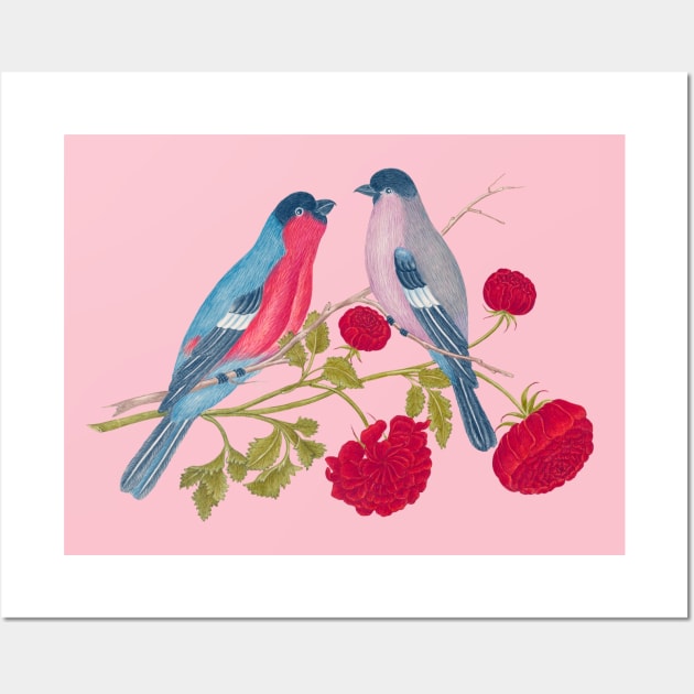 Two Bullfinch Birds and Red Flowers Wildlife Illustration Wall Art by Biophilia